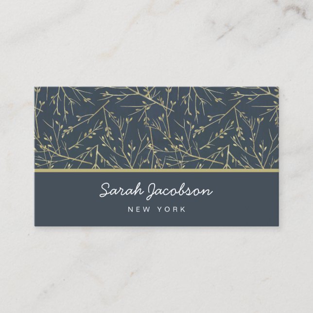 Gold Blue Gray Twigs Abstract Business Card (Front)