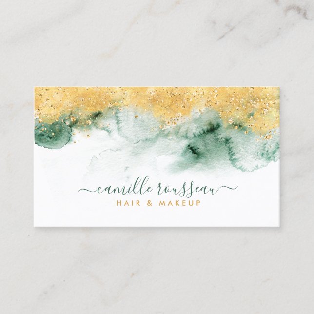 Gold Blue Green Modern Watercolor  Business Card (Front)