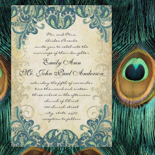Emerald Gold &amp; Lime Peacock Wedding Invitations