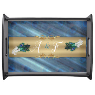 GOLD Blue-green Peacocks on Emerald Green Serving Tray