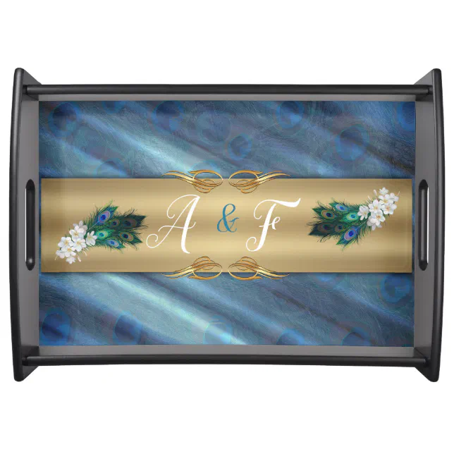 GOLD Bluegreen Peacocks on Emerald Green Serving Tray Zazzle