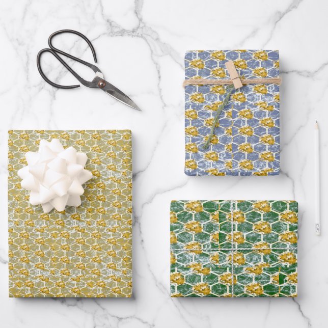 Gold Blue & Green Poinsettia Wrapping Paper Sheets (Front)