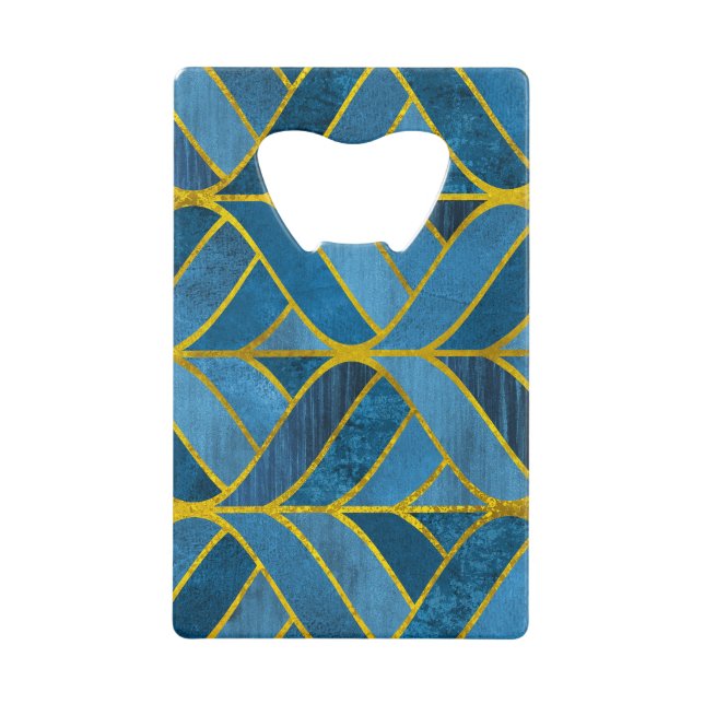 Gold Blue Grunge Pattern Credit Card Bottle Opener (Front)