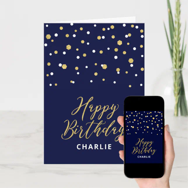 Gold & Blue Happy Birthday Custom Name Greeting Card | Zazzle