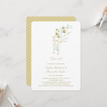 Gold Blue Hearts Champagne Cheers Chic Engagement Invitation by fat_fa_tin at Zazzle