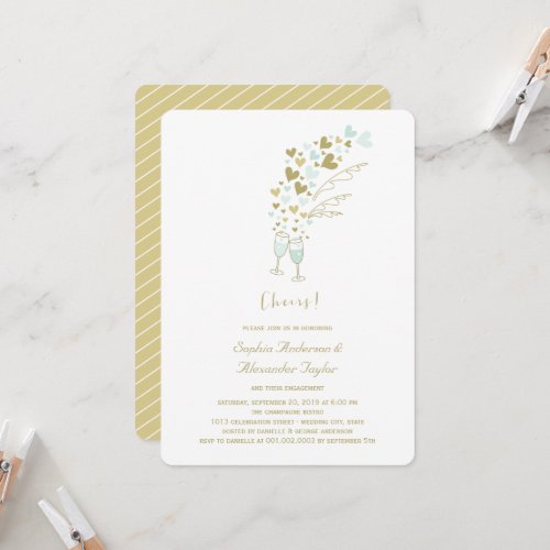 Gold Blue Hearts Champagne Cheers Chic Engagement Invitation