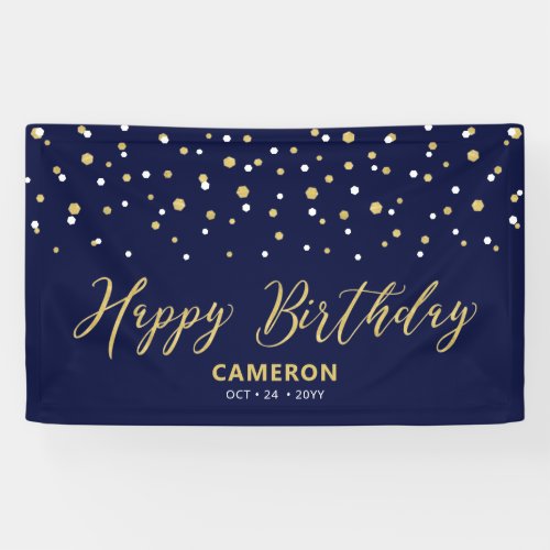 Gold Blue Hexagon Confetti Custom Happy Birthday Banner