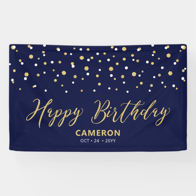 Gold Blue Hexagon Confetti Custom Happy Birthday Banner (Horizontal)