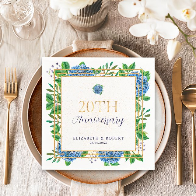 Gold Blue Hydrangea 20th Wedding Anniversary  Napkins (Creator Uploaded)