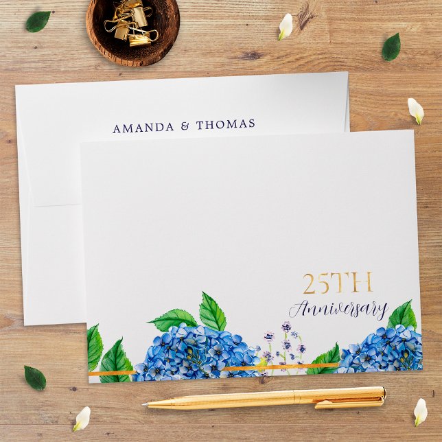 Gold Blue Hydrangea 25th Wedding Anniversary Envelope (Creator Uploaded)