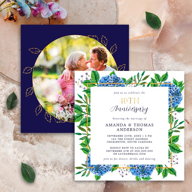 Gold Blue Hydrangea 40th Wedding Photo Anniversary Invitation (Creator Uploaded)