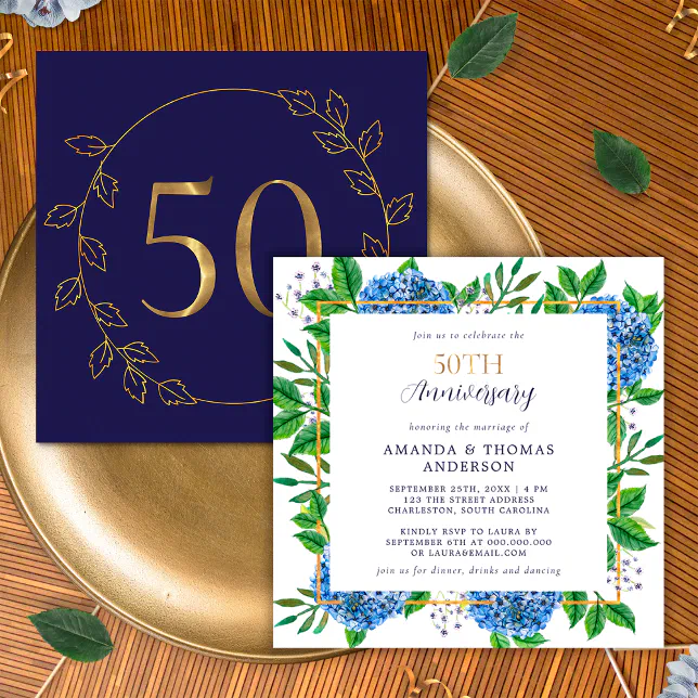 Gold Blue Hydrangea 50th Wedding Anniversary Invitation | Zazzle