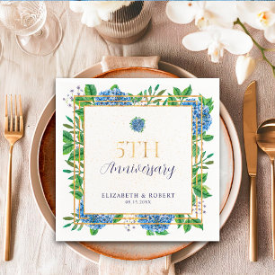 Gold Blue Hydrangea 5th Wedding Anniversary Napkins