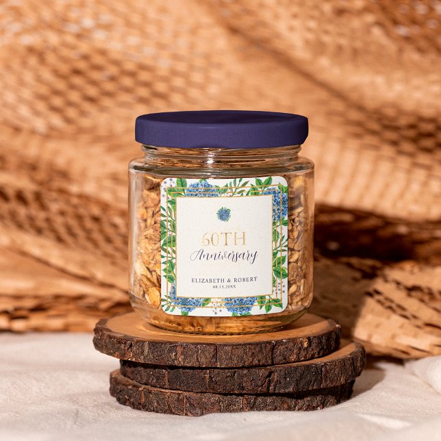 Gold Blue Hydrangea 60th Wedding Anniversary Party Square Sticker (Creator Uploaded)