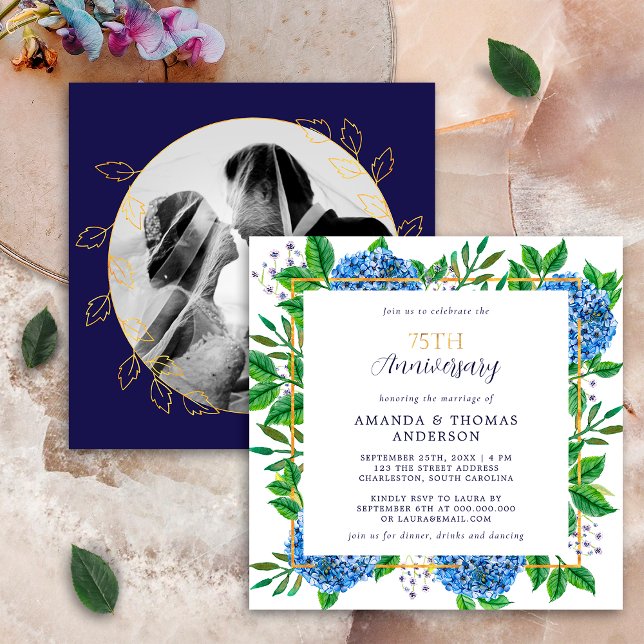 Gold Blue Hydrangea 75th Wedding Photo Anniversary Invitation (Creator Uploaded)