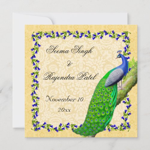 Gold Blue Indian Peacock Save the Date Invite