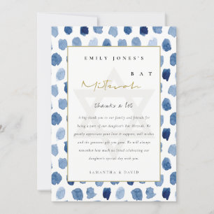 GOLD BLUE INDIGO WATERCOLOR DOTS BAT BAR MITZVAH THANK YOU CARD