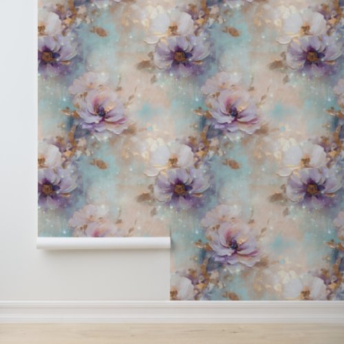 Gold Blue Lavender Purple Floral Wallpaper