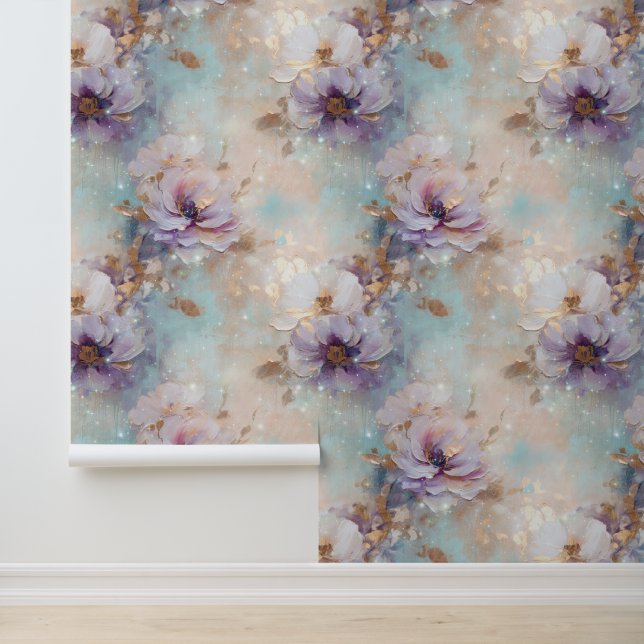 Gold Blue Lavender Purple Floral Wallpaper (Application)