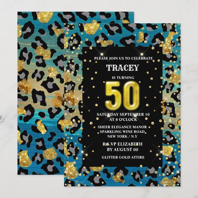 Gold blue leopard print jungle glitter 50th  invitation (Front/Back)