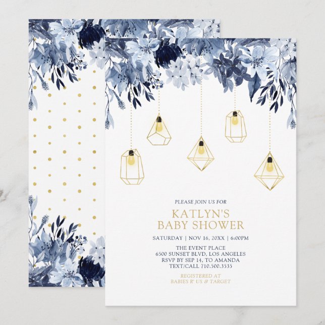 Gold & Blue | Lights Boho chic Baby Shower Invitation (Front/Back)