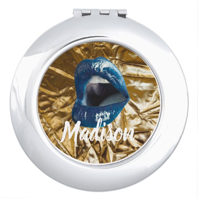 Gold Blue Lips Makeup Beauty Custom Personalized C Compact Mirror (Front)