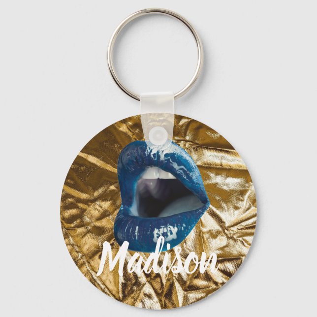 Gold Blue Lips Makeup Beauty Custom Personalized K Keychain (Front)