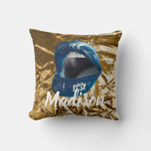 Gold Blue Lips Makeup Beauty Custom Personalized Throw Pillow