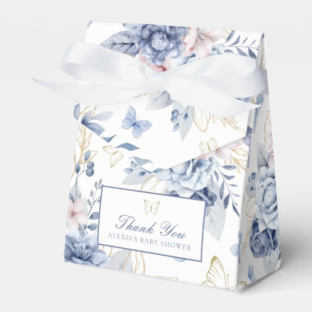 Gold & Blue Little Butterflies Boy Baby Shower Favor Boxes (Front Side)