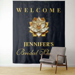 Gold Blue Lotus Bridal Shower Welcome Backdrop