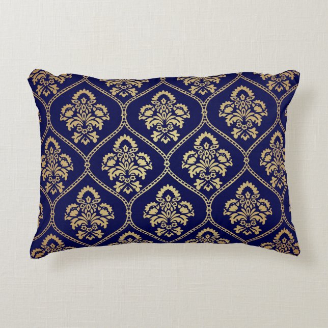 Gold & Blue: Luxury Damask Accent Pillow (Front)