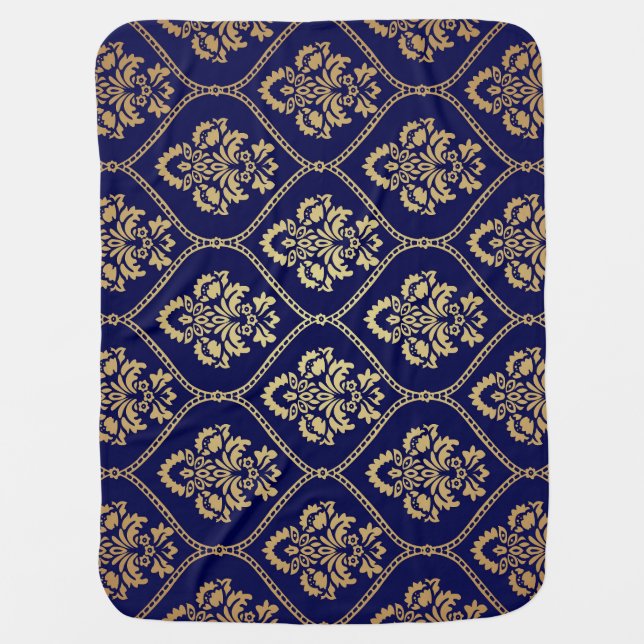 Gold & Blue: Luxury Damask Baby Blanket (Front)