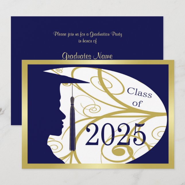 Gold/Blue Man Silhouette 2025 Graduation Party Invitation (Front/Back)