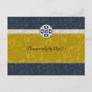 Gold & Blue Medieval Brocade Rsvp Invitation Postcard by RiverJude at Zazzle
