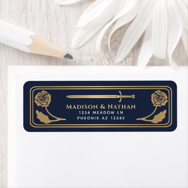 Gold Blue Medieval Fantasy Sword Wedding Label (Insitu)