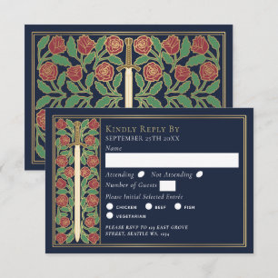 Gold Blue Medieval Floral Sword Wedding RSVP Card