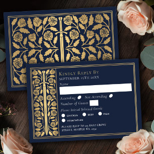 Gold Blue Medieval Sword Wedding RSVP Card