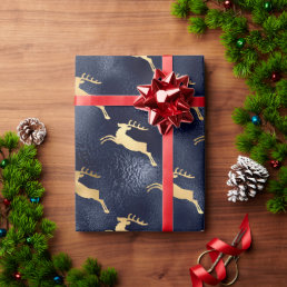 Gold Blue Metallic Reindeer Holiday Wrapping Paper