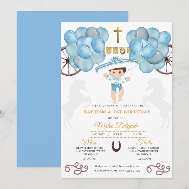 Gold & Blue Mexican Baby Boy Charro Baptism Invitation (Front/Back)