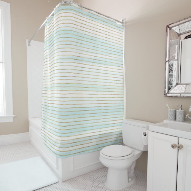 Gold Blue Mint White Beachy Watercolor Stripes Shower Curtain (In Situ)