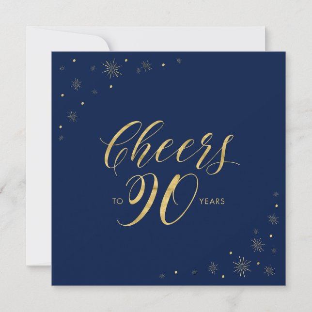 Gold & Blue | Modern 90th Birthday Party Square Invitation (Front)