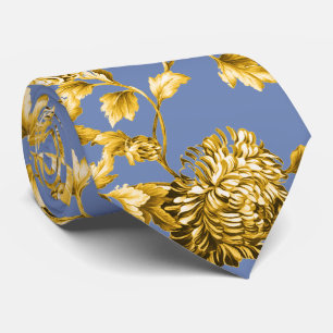 Gold & Blue Modern Vintage Botanical Floral Toile Tie
