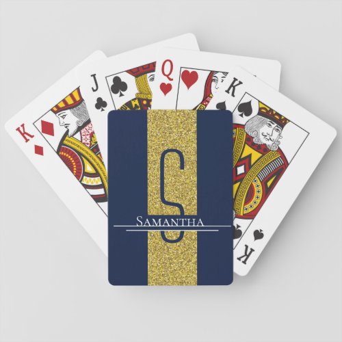 Gold Blue Monogram Glitter Poker Cards