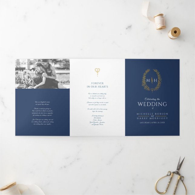 Gold blue monogram wreath dedication wedding Tri-Fold program (Outside)