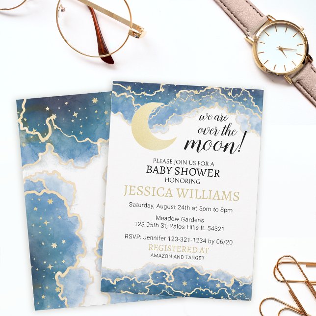 Gold blue moon boy baby shower invitation (Creator Uploaded)