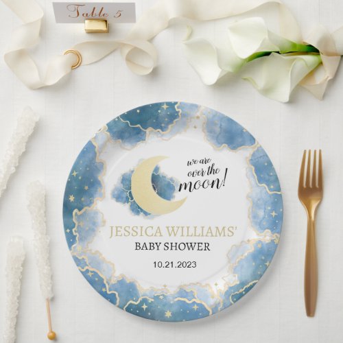 Gold blue moon night boy baby shower paper plates