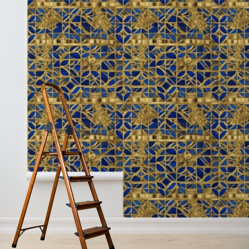 Gold Blue Mosiac Tiles Pattern Peel Stick Wallpaper