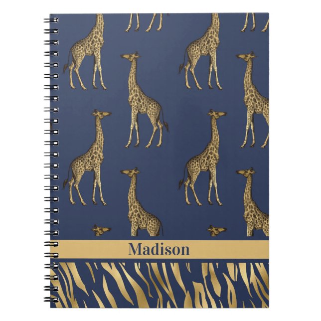 Gold Blue Name Giraffe Tiger Elegant Chic Stylish Notebook (Front)