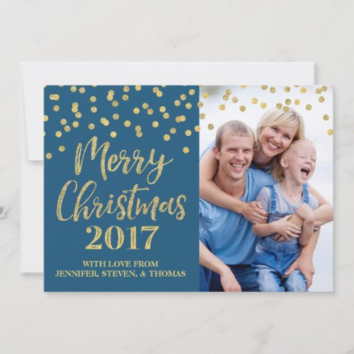 Gold Blue Navy Confetti Merry Christmas 2017 Holiday Card
