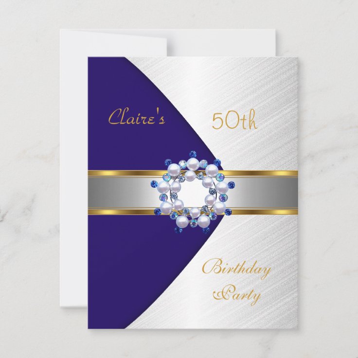 Gold Blue Navy White Invite 50th Birthday Party | Zazzle